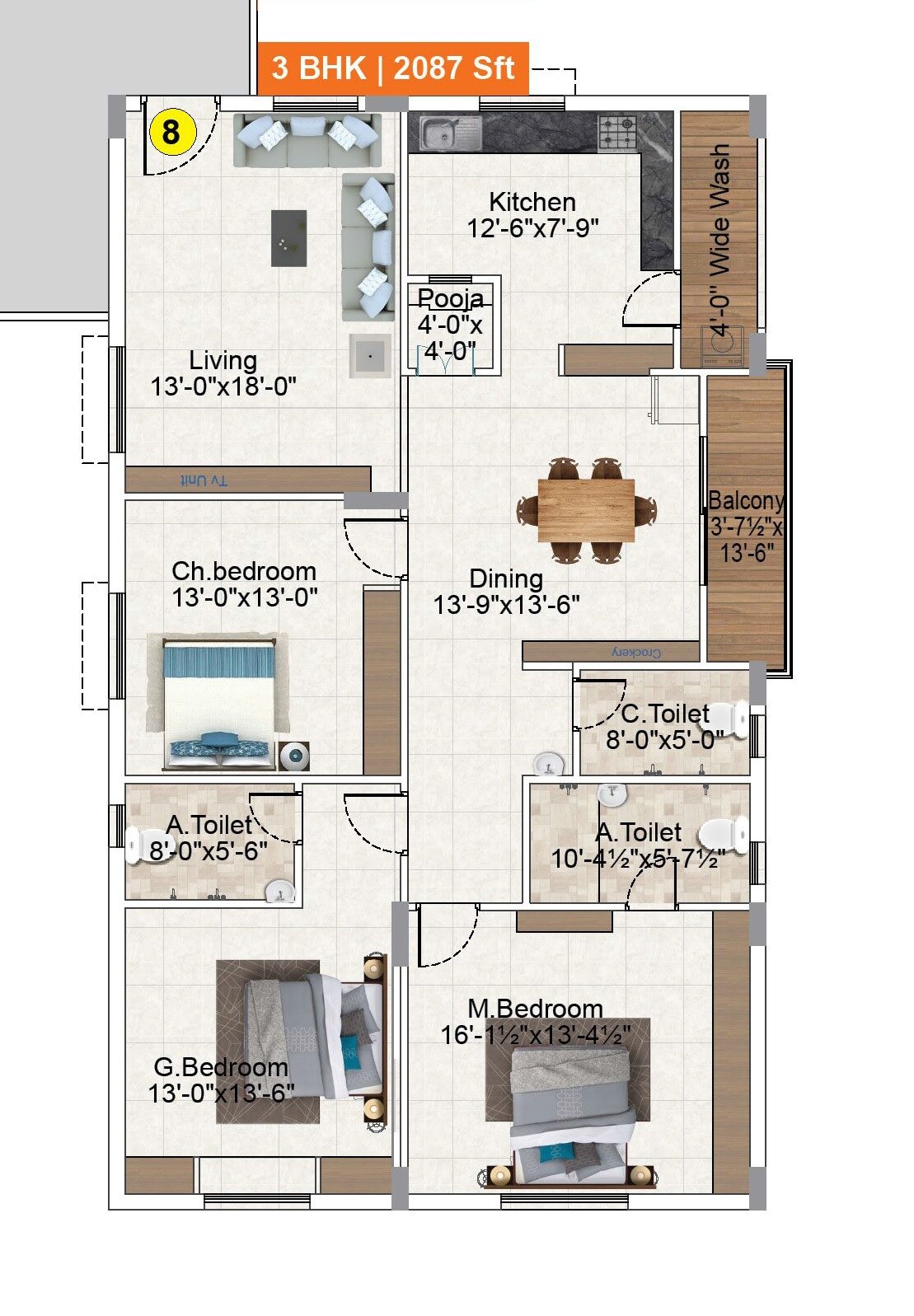 3 BHK 2087 Sq. Ft. Apartment