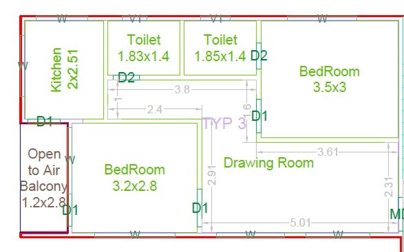 Floor plan of 2 BHK Apartment - 1268 sq. ft. in Vision Pride, Hyderabad