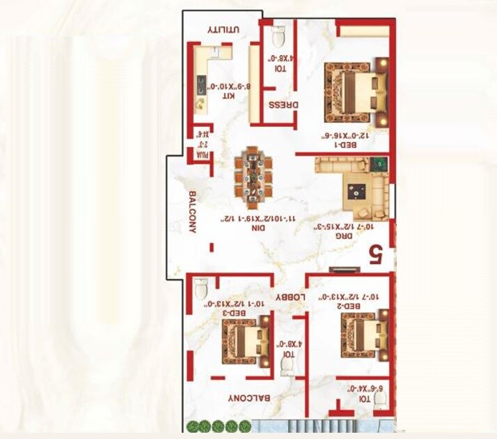 Floor plan of 3 BHK 1815 Sq. Ft. Apartment in Vision Towers Turkayamjal, Hyderabad