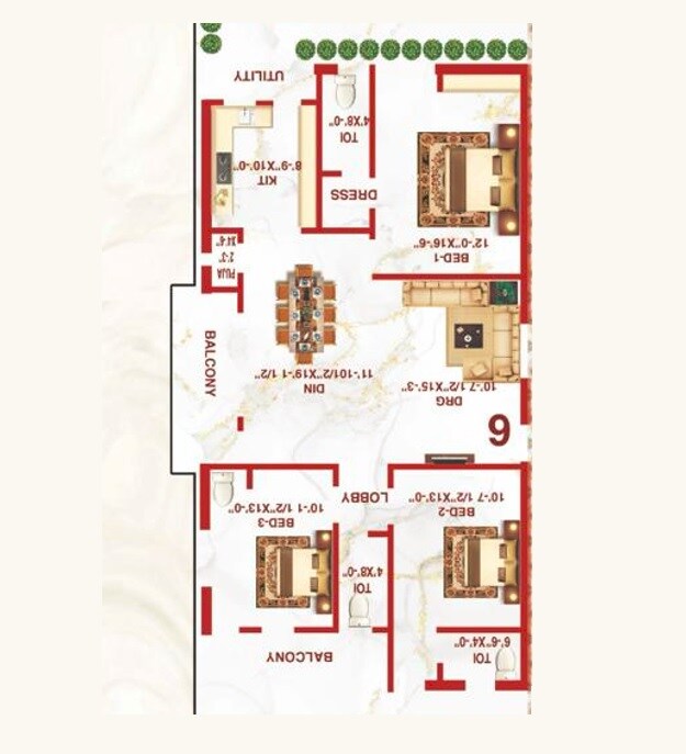 Floor plan of 3 BHK 1851 Sq. Ft. Apartment in Vision Towers Turkayamjal, Hyderabad