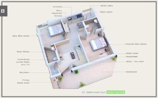 Floor plan of 2 BHK 786 Sq. Ft. Apartment in Viya Sindhu One, Hyderabad