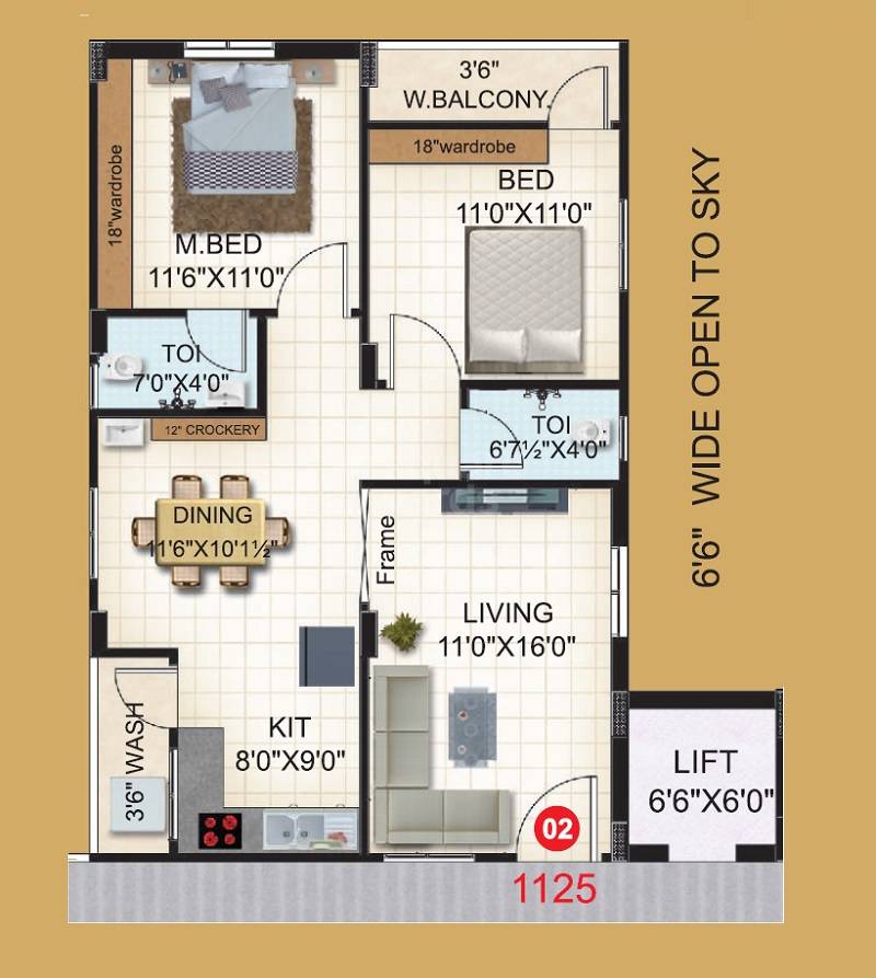 Floor plan of 2 BHK 1125 Sq. Ft. Apartment in VR Elite Royal Grand, Hyderabad