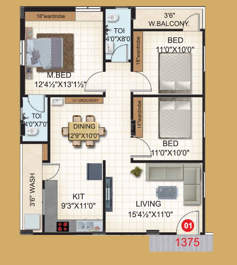 Floor plan of 3 BHK 1375 Sq. Ft. Apartment in VR Elite Royal Grand, Hyderabad