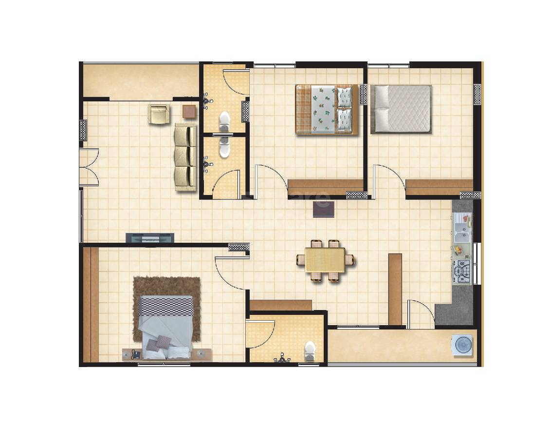 Floor plan of 3 BHK 1400 Sq. Ft. Apartment in VR Elite Royal Legend, Hyderabad