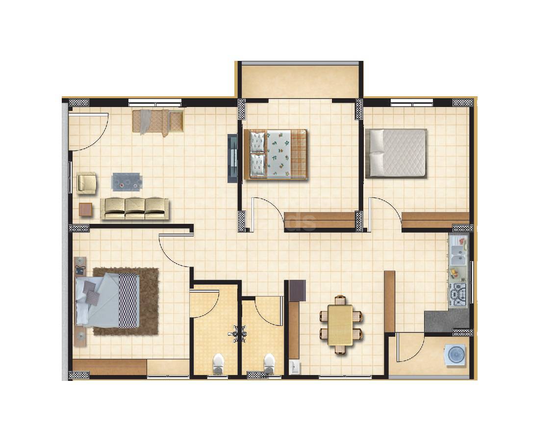 Floor plan of 3 BHK 1555 Sq. Ft. Apartment in VR Elite Royal Legend, Hyderabad