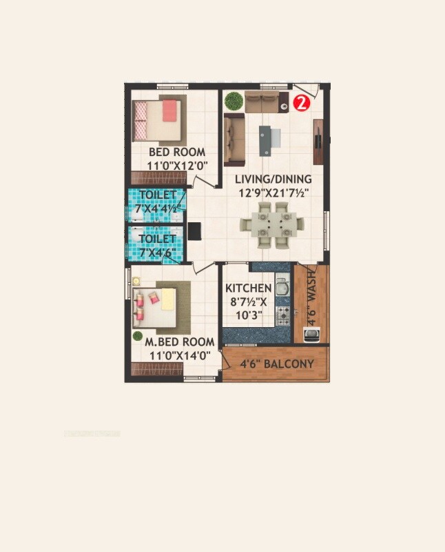 Floor plan of 2 BHK 1200 Sq. Ft. Apartment in VS Anandha Nilayam, Hyderabad