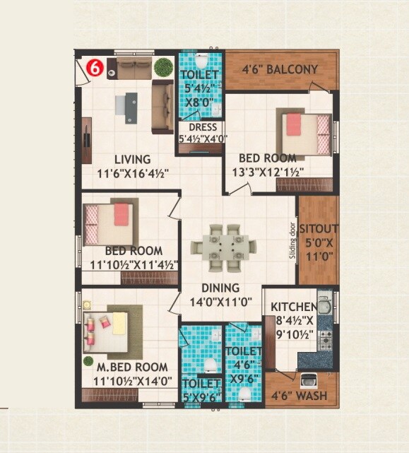 Floor plan of 3 BHK 1775 Sq. Ft. Apartment in VS Anandha Nilayam, Hyderabad