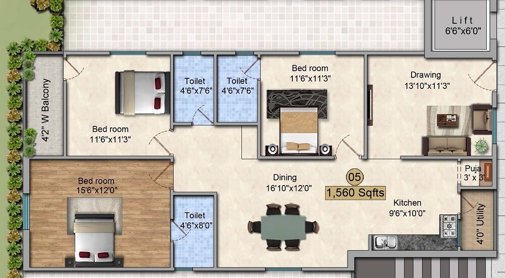 Floor plan of 2 BHK 1560 Sq. Ft. Apartment in VVR Green Meadows, Hyderabad