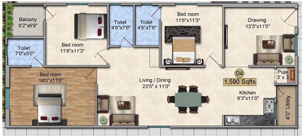 Floor plan of 2 BHK 1590 Sq. Ft. Apartment in VVR Green Meadows, Hyderabad
