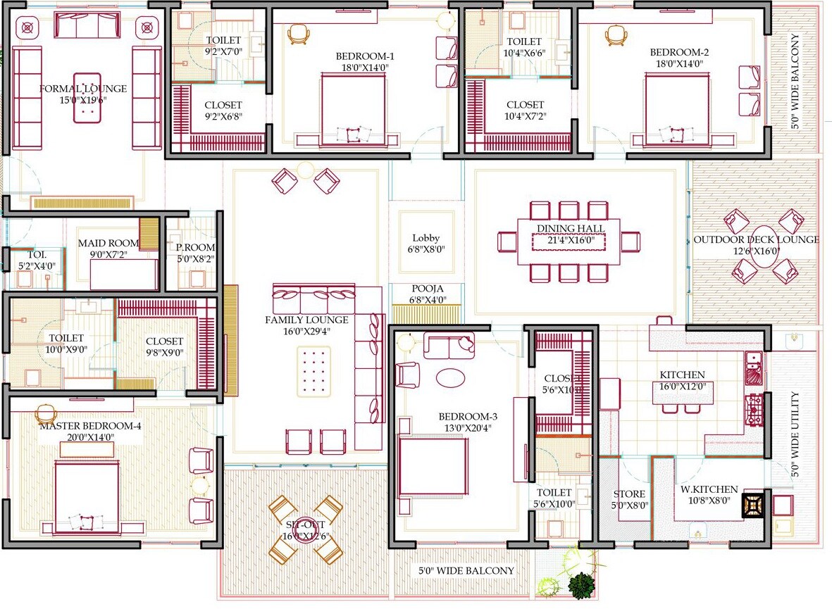Floor plan of 4 BHK 5441 Sq. Ft. Apartment in Western Marina, Hyderabad