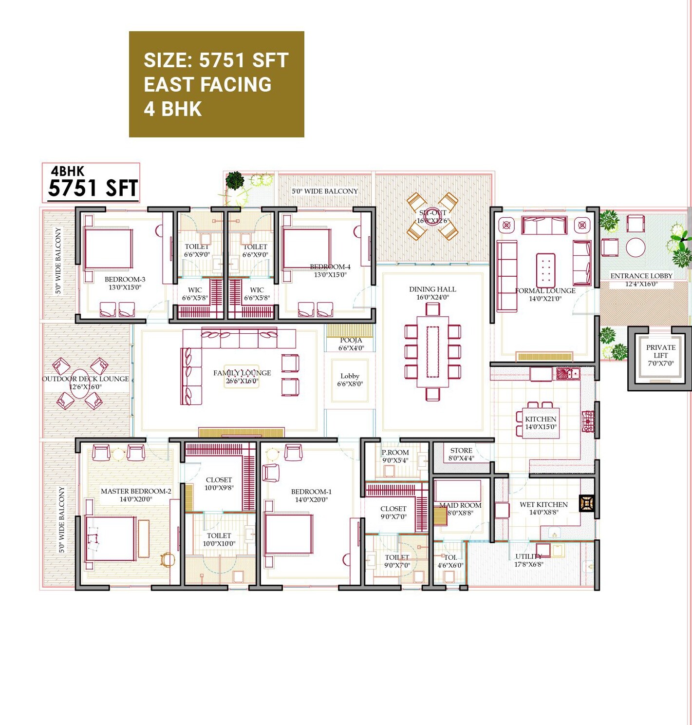 Floor plan of 4 BHK 5751 Sq. Ft. Apartment in Western Marina, Hyderabad