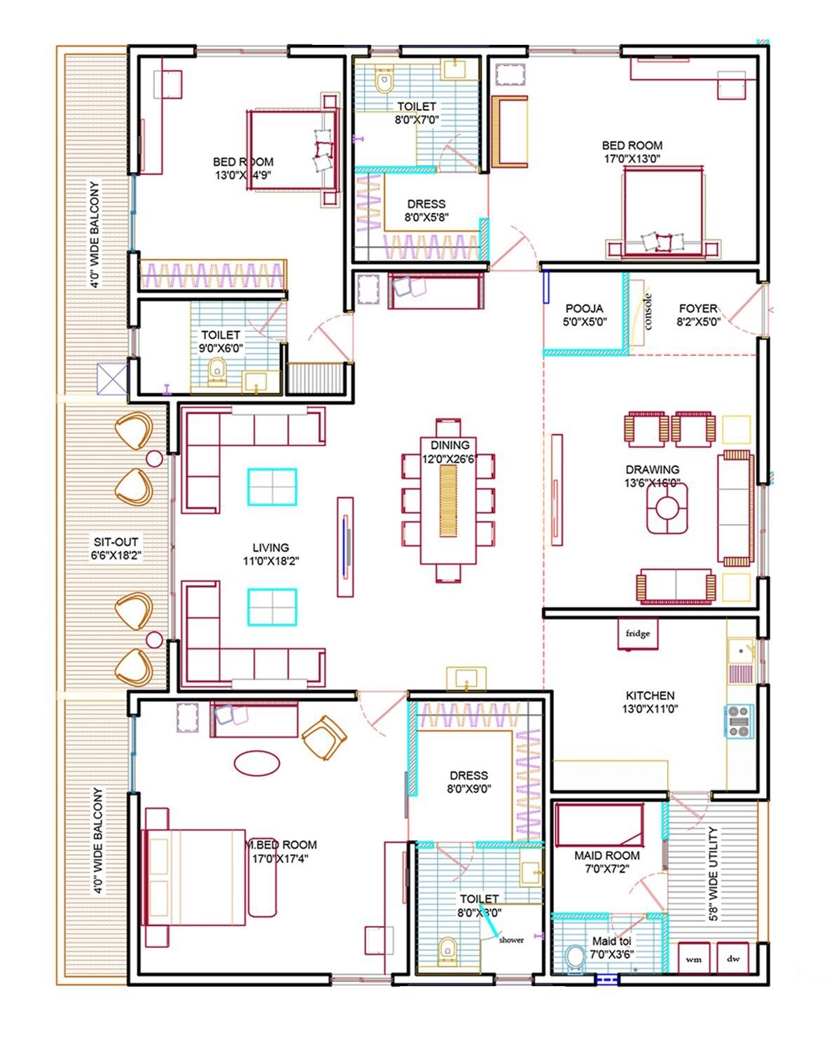 Floor plan of 3 BHK 3400 Sq. Ft. Apartment in Western Springs, Hyderabad