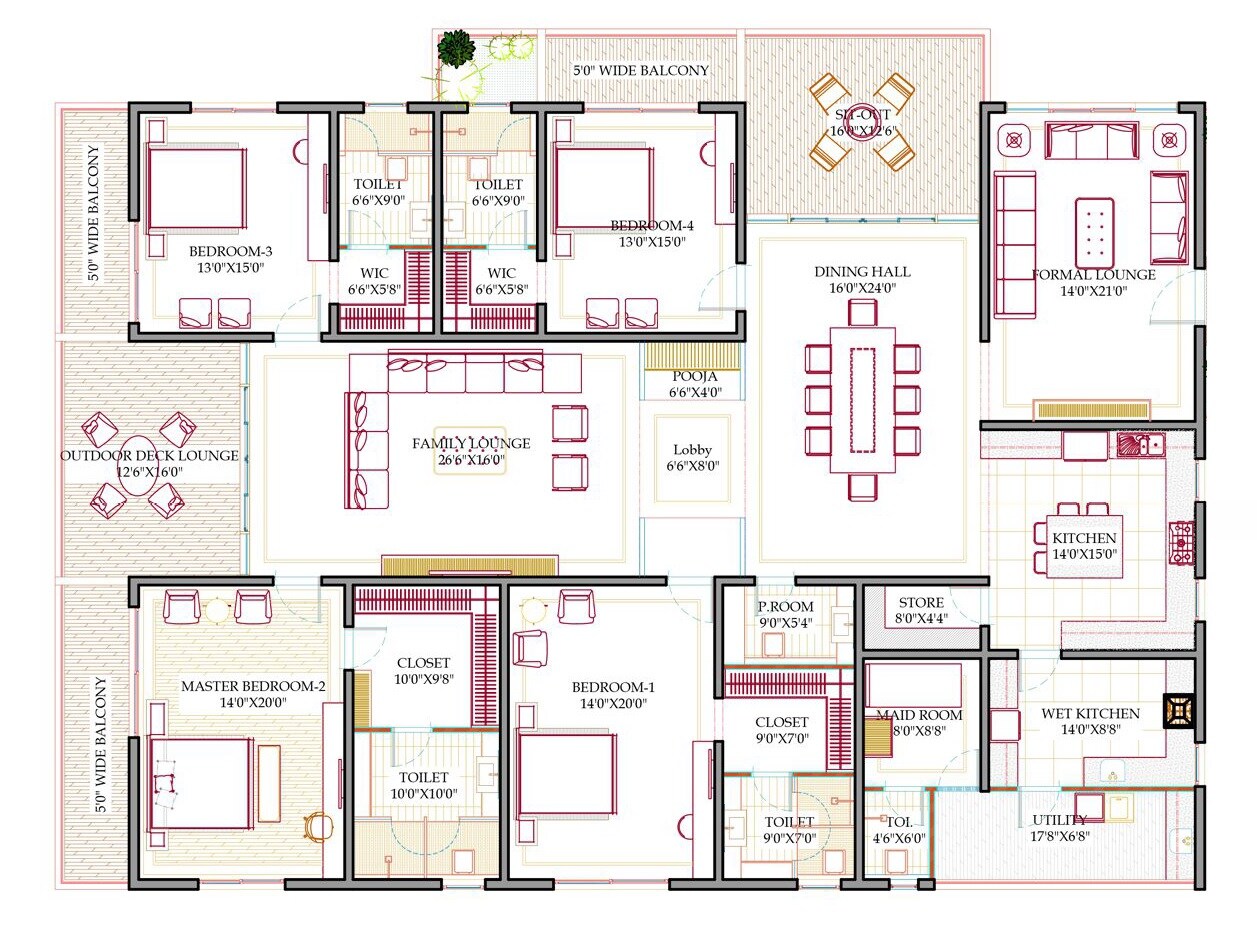 Floor plan of 4 BHK 5751 Sq. Ft. Apartment in Western Springs, Hyderabad