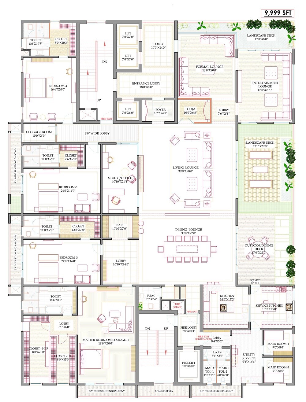 Floor plan of 4 BHK 9999 Sq. Ft. Apartment in Western Springs, Hyderabad