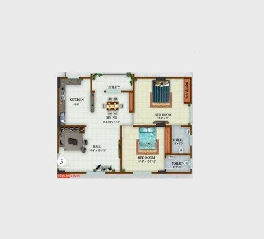 Floor plan of 2 BHK 1035 Sq. Ft. Apartment in Western Whealth Pearls, Hyderabad
