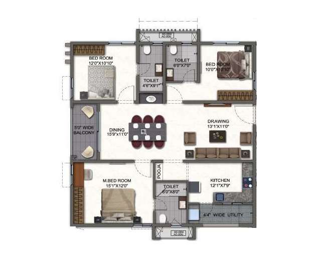 3 BHK 1575 Sq. Ft. Apartment in White Waters at Y