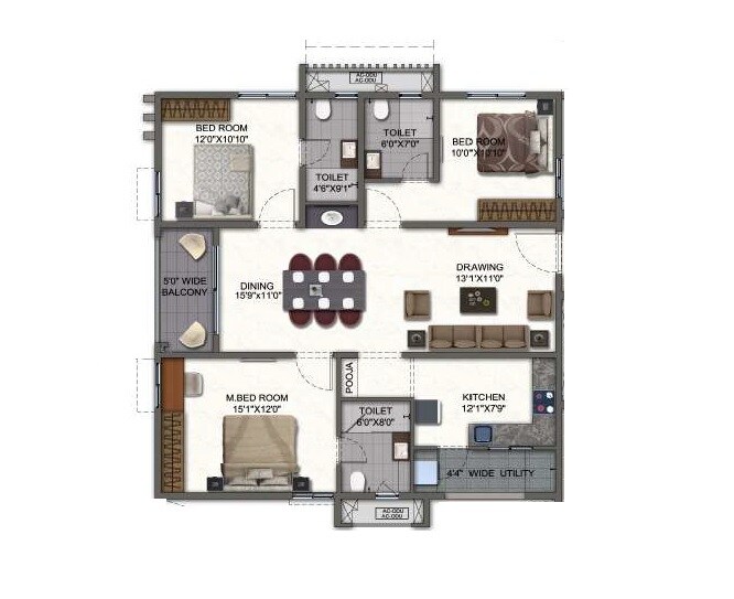 Floor plan of 3 BHK 1575 Sq. Ft. Apartment in White Waters at Y, Hyderabad