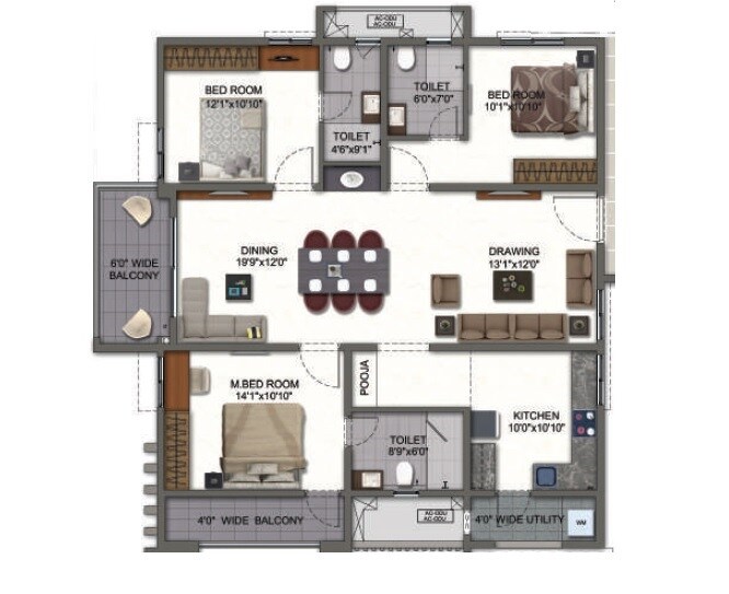 Floor plan of 3 BHK 2105 Sq. Ft. Apartment in White Waters at Y, Hyderabad