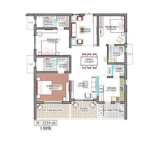Floor plan of 3 BHK 2235 Sq. Ft. Apartment in Yula Globus Neo, Hyderabad