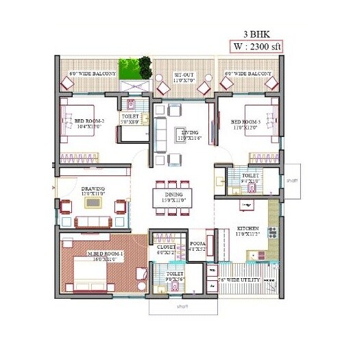 Floor plan of 3 BHK 2300 Sq. Ft. Apartment in Yula Globus Neo, Hyderabad