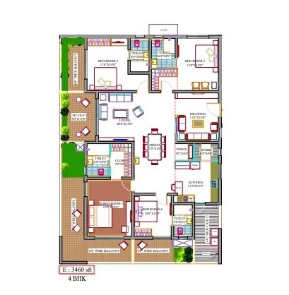 Floor plan of 4 BHK 3460 Sq. Ft. Apartment in Yula Globus Neo, Hyderabad
