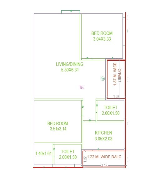 Floor plan of 2 BHK 1450 Sq. Ft. Apartment in Zion Alora, Hyderabad