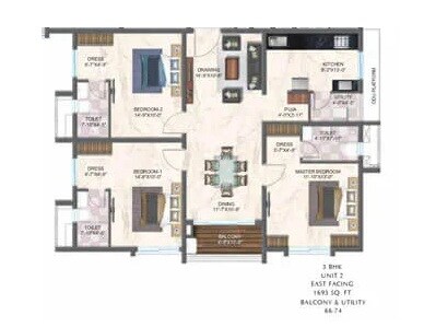 Floor plan of 3 BHK 1693 Sq. Ft. Apartment in Zuari Gangothri Tribhuja, Hyderabad