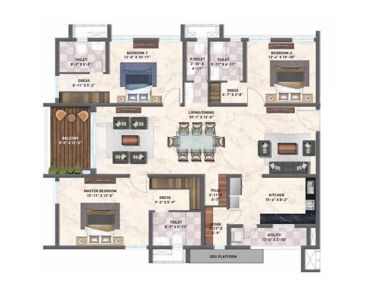 Floor plan of 3 BHK 2314 Sq. Ft. Apartment in Zuari Gangothri Tribhuja, Hyderabad