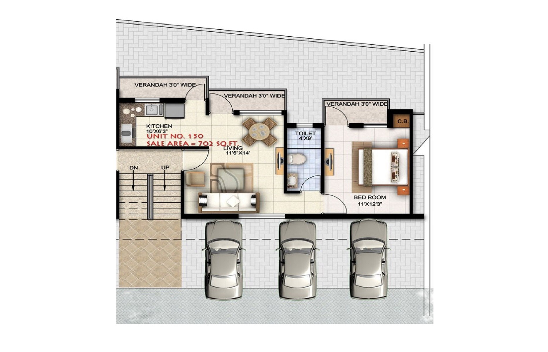 Floor plan of 1 BHK Apartment - 702 sq. ft. in Ansal Town, Indore