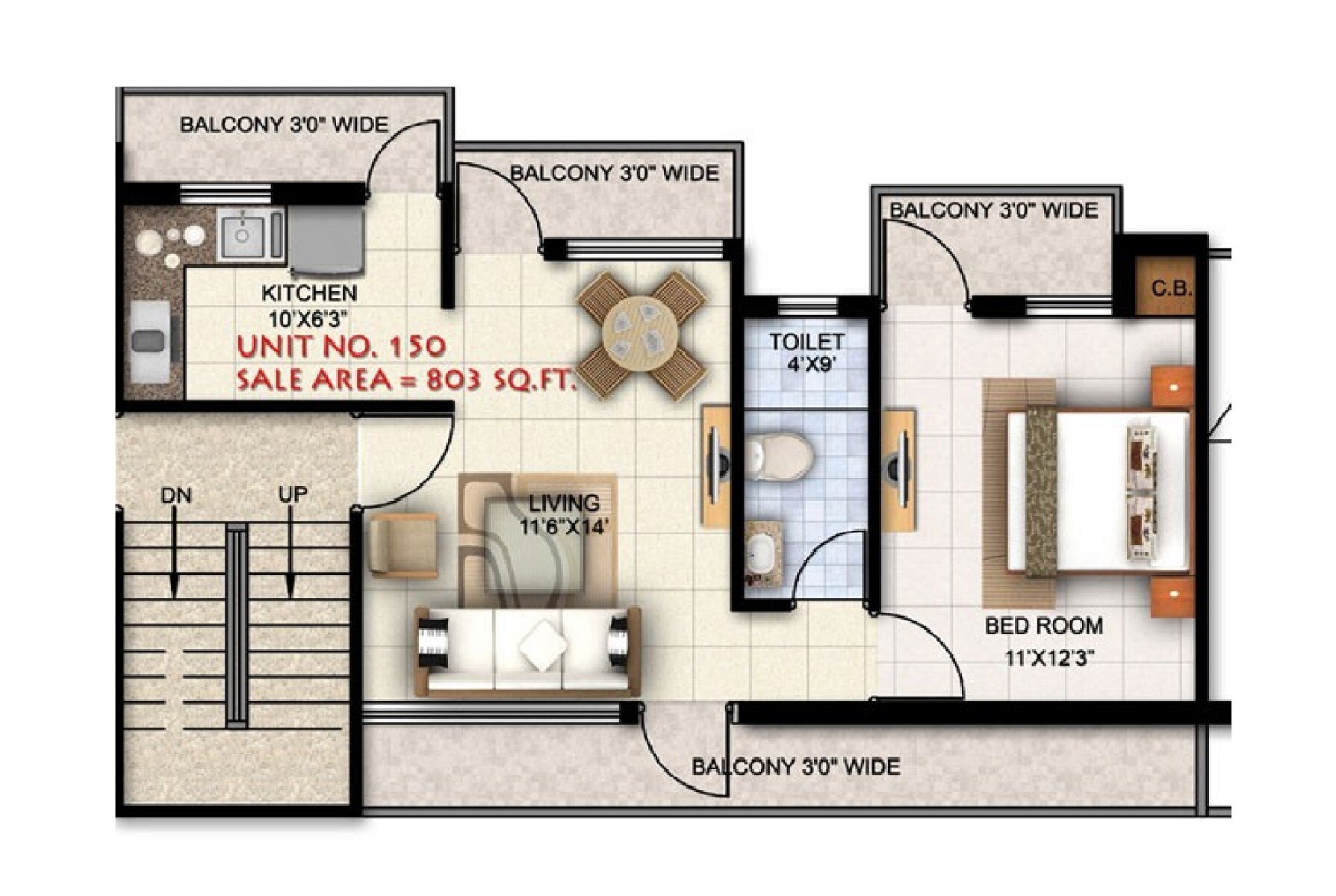 Floor plan of 1 BHK Apartment - 803 sq. ft. in Ansal Town, Indore