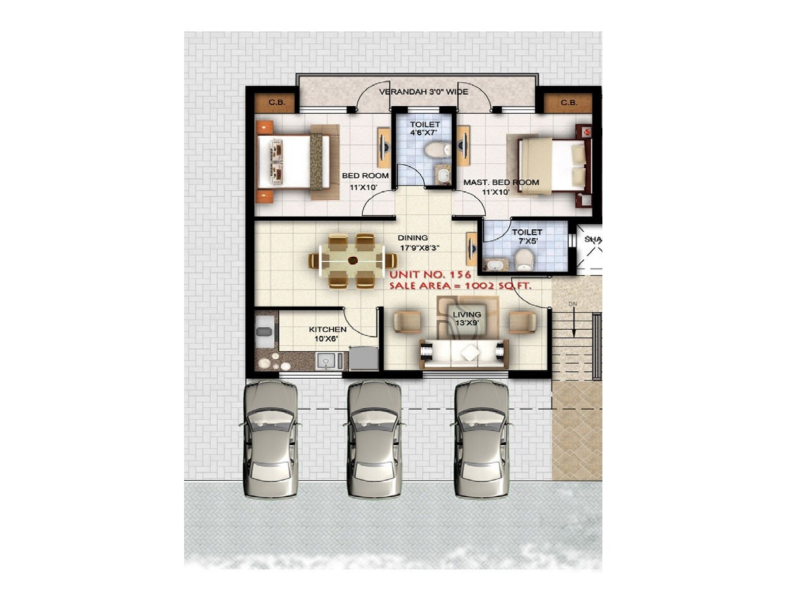 Floor plan of 2 BHK Apartment - 1002 sq. ft. in Ansal Town, Indore