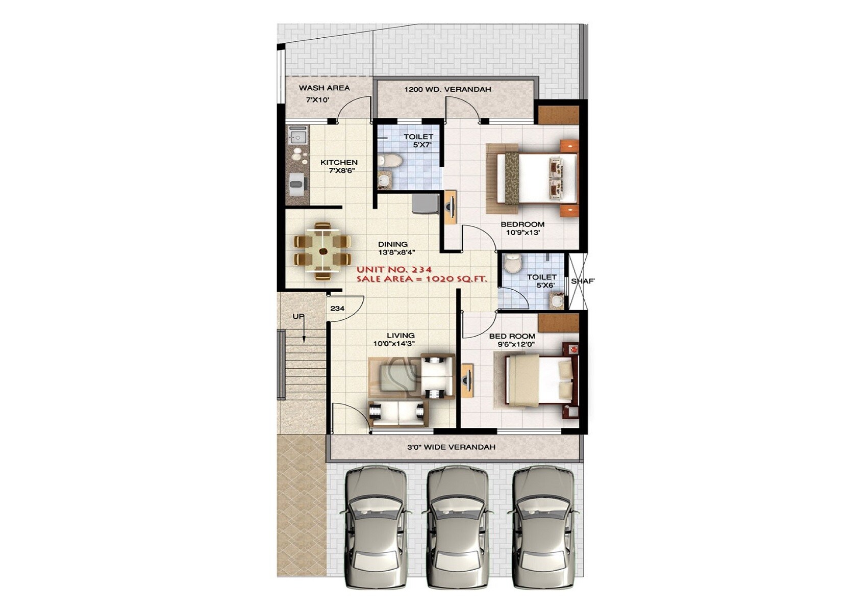 Floor plan of 2 BHK Apartment - 1020 sq. ft. in Ansal Town, Indore