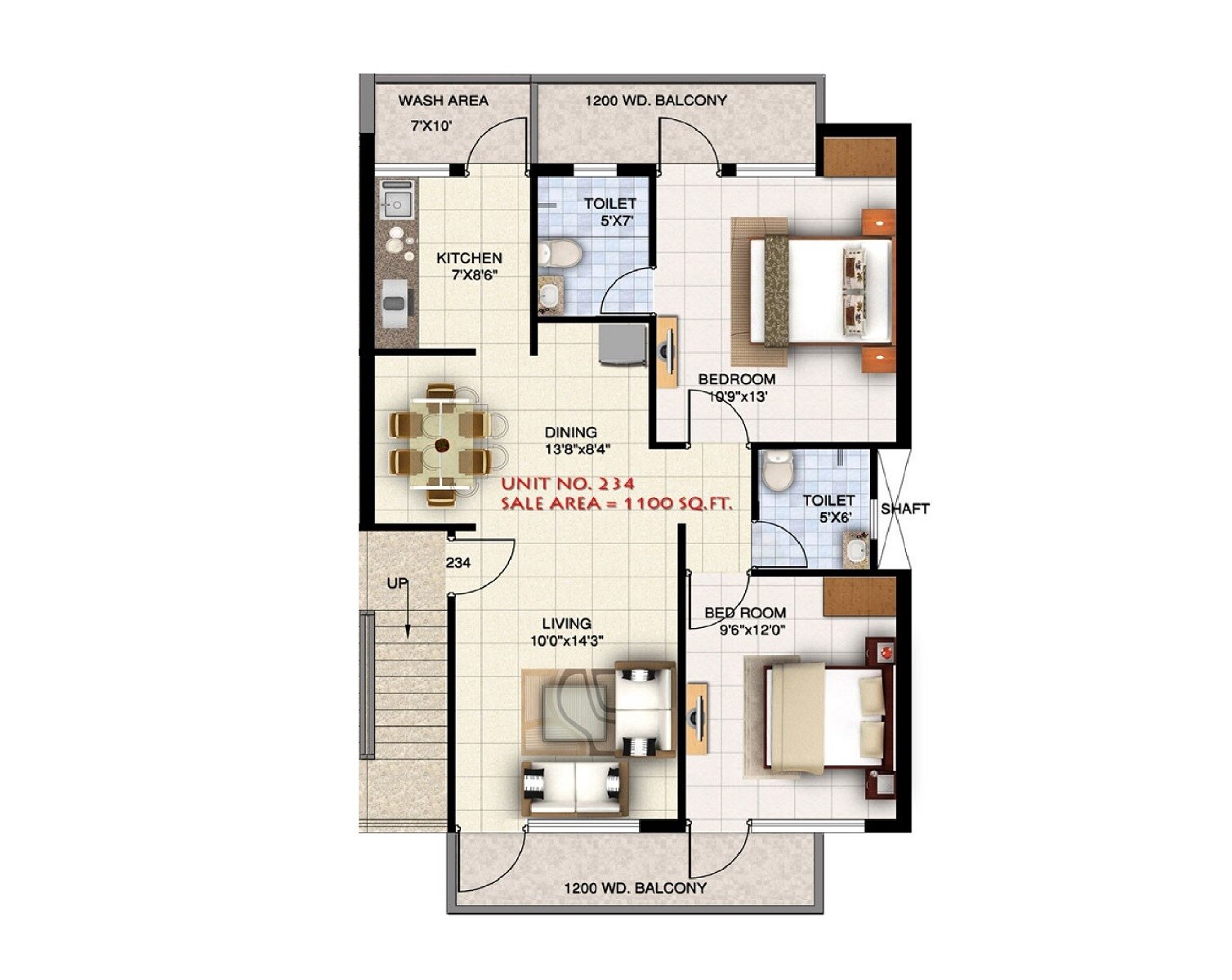 Floor plan of 2 BHK Apartment - 1100 sq. ft. in Ansal Town, Indore