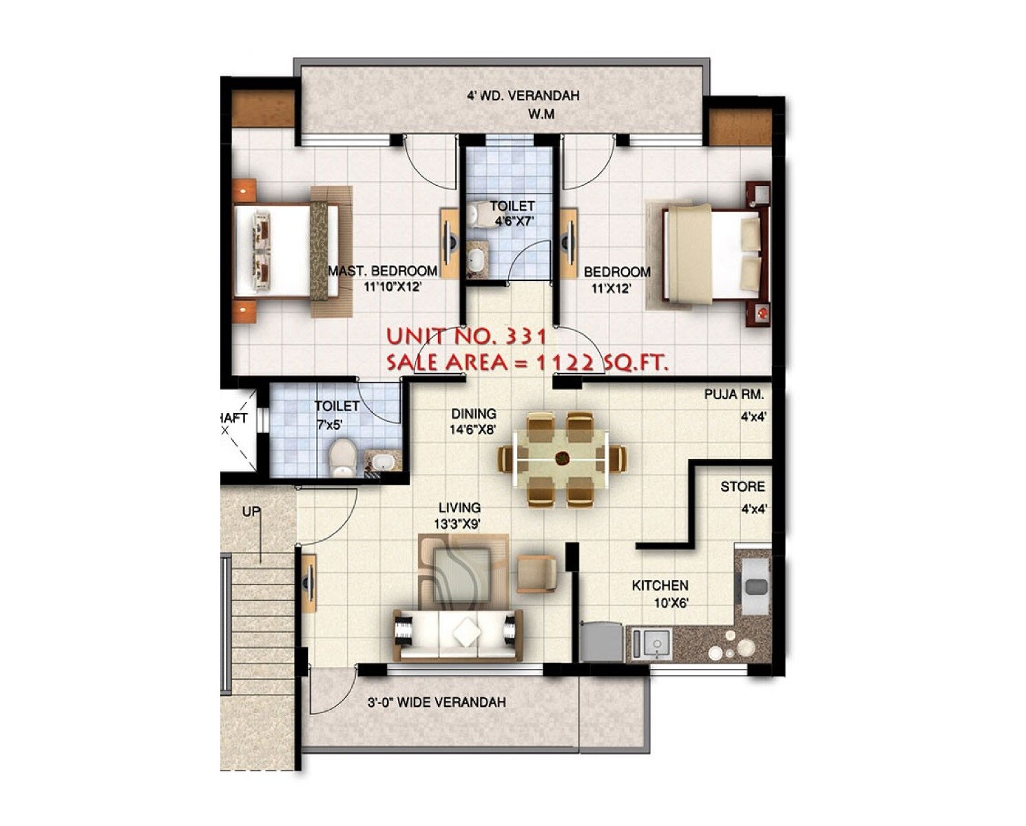 Floor plan of 2 BHK Apartment - 1122 sq. ft. in Ansal Town, Indore