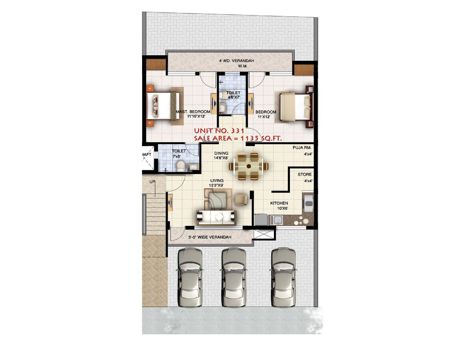 Floor plan of 2 BHK Apartment - 1135 sq. ft. in Ansal Town, Indore