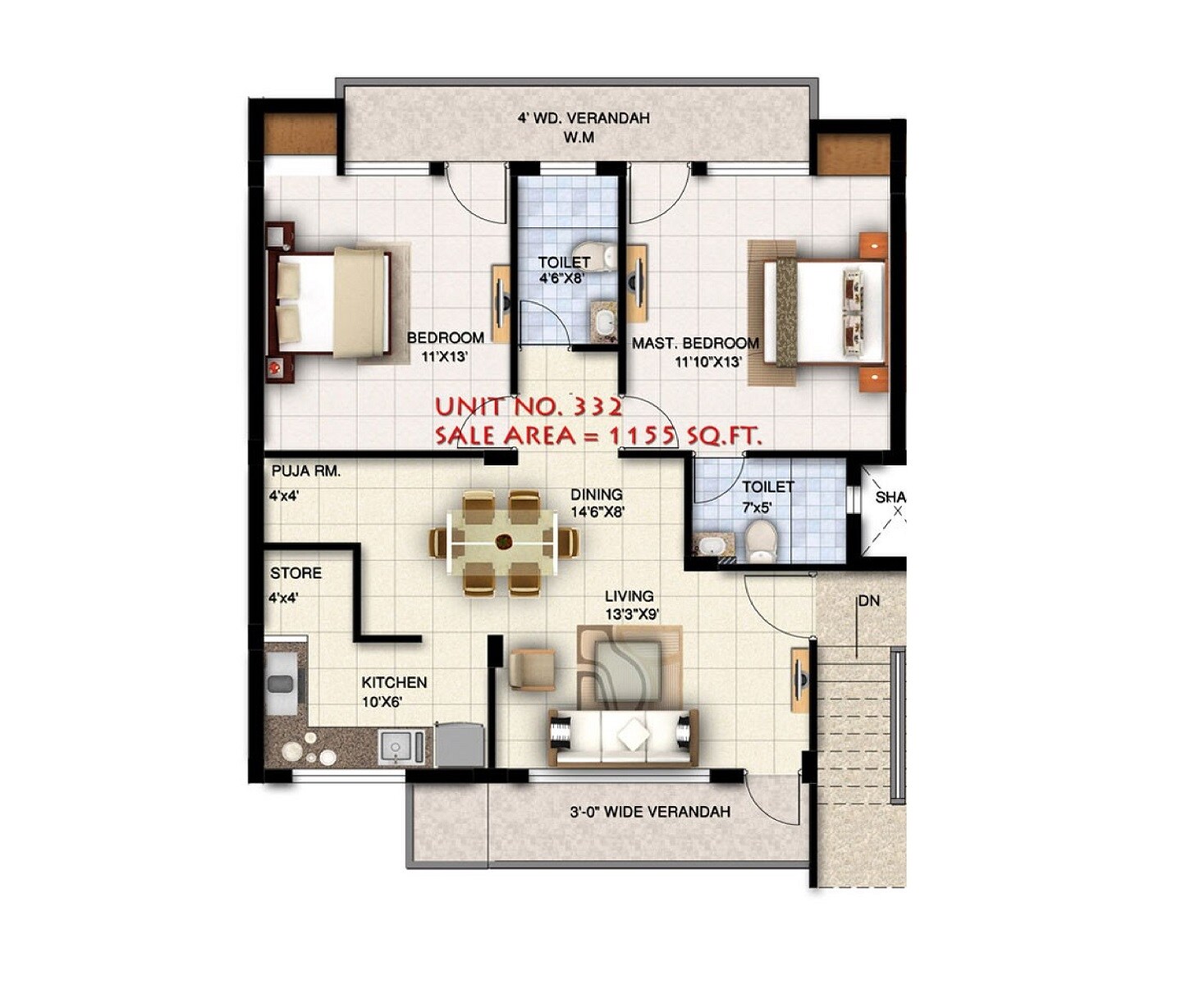 Floor plan of 2 BHK Apartment - 1155 sq. ft. in Ansal Town, Indore