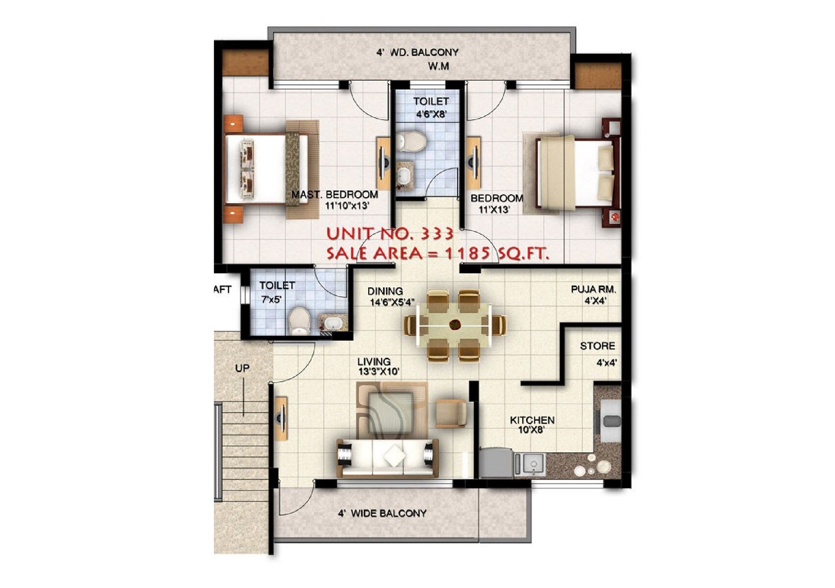 Floor plan of 2 BHK Apartment - 1185 sq. ft. in Ansal Town, Indore
