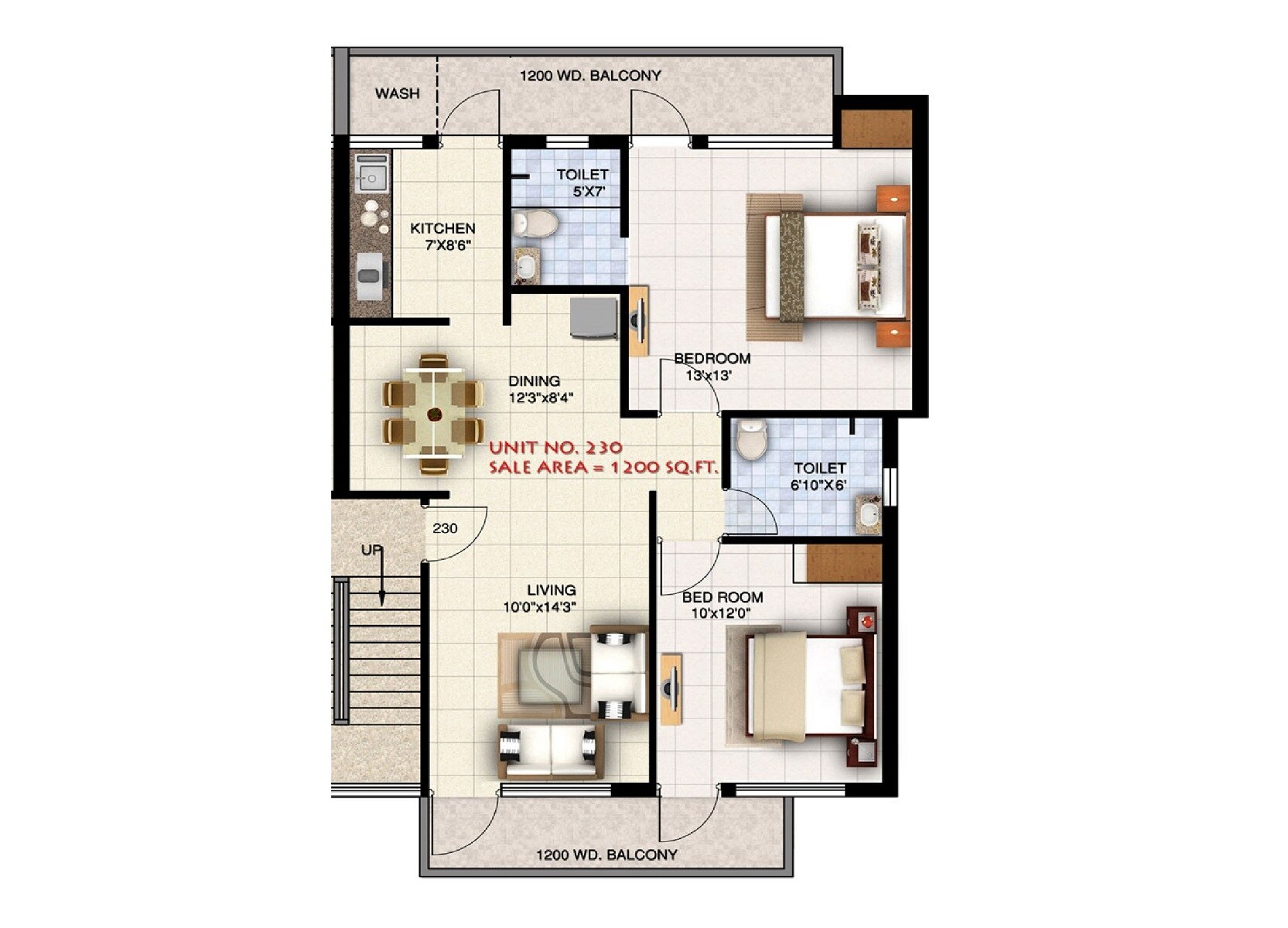 Floor plan of 2 BHK Apartment - 1200 sq. ft. in Ansal Town, Indore