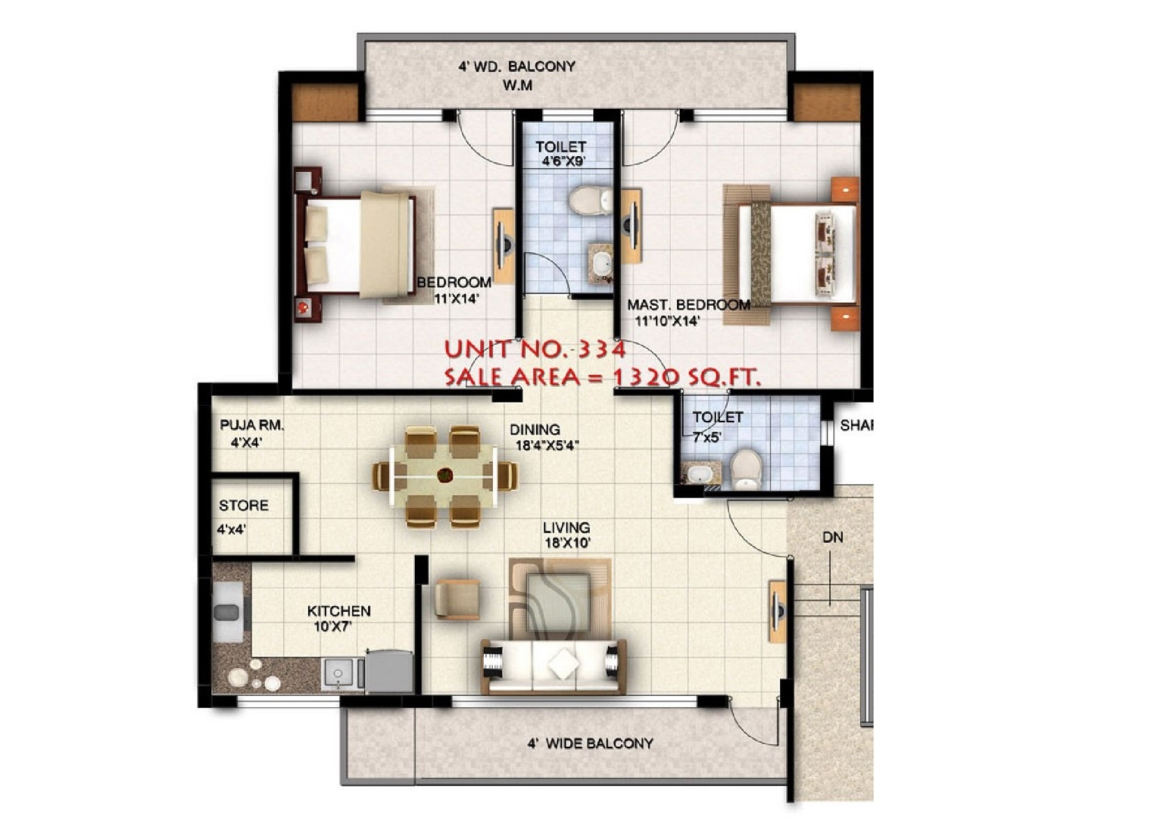 Floor plan of 2 BHK Apartment - 1320 sq. ft. in Ansal Town, Indore