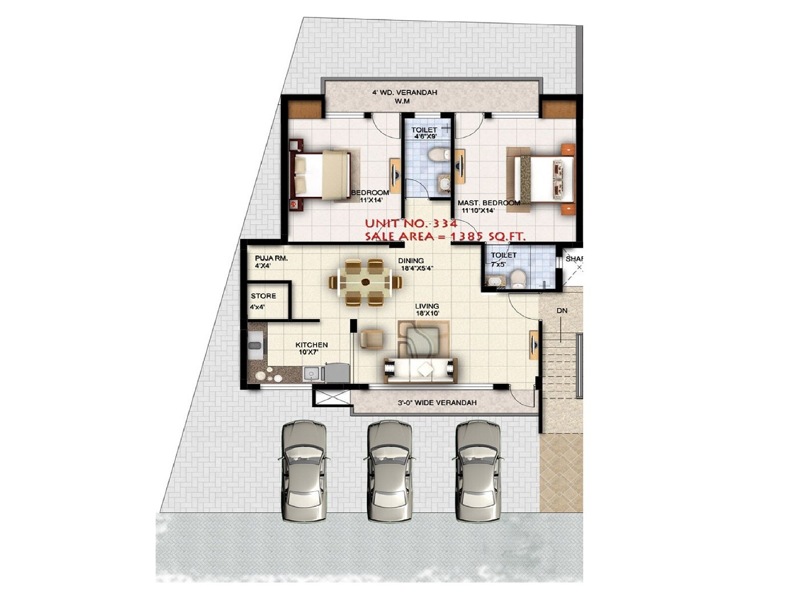 Floor plan of 2 BHK Apartment - 1385 sq. ft. in Ansal Town, Indore