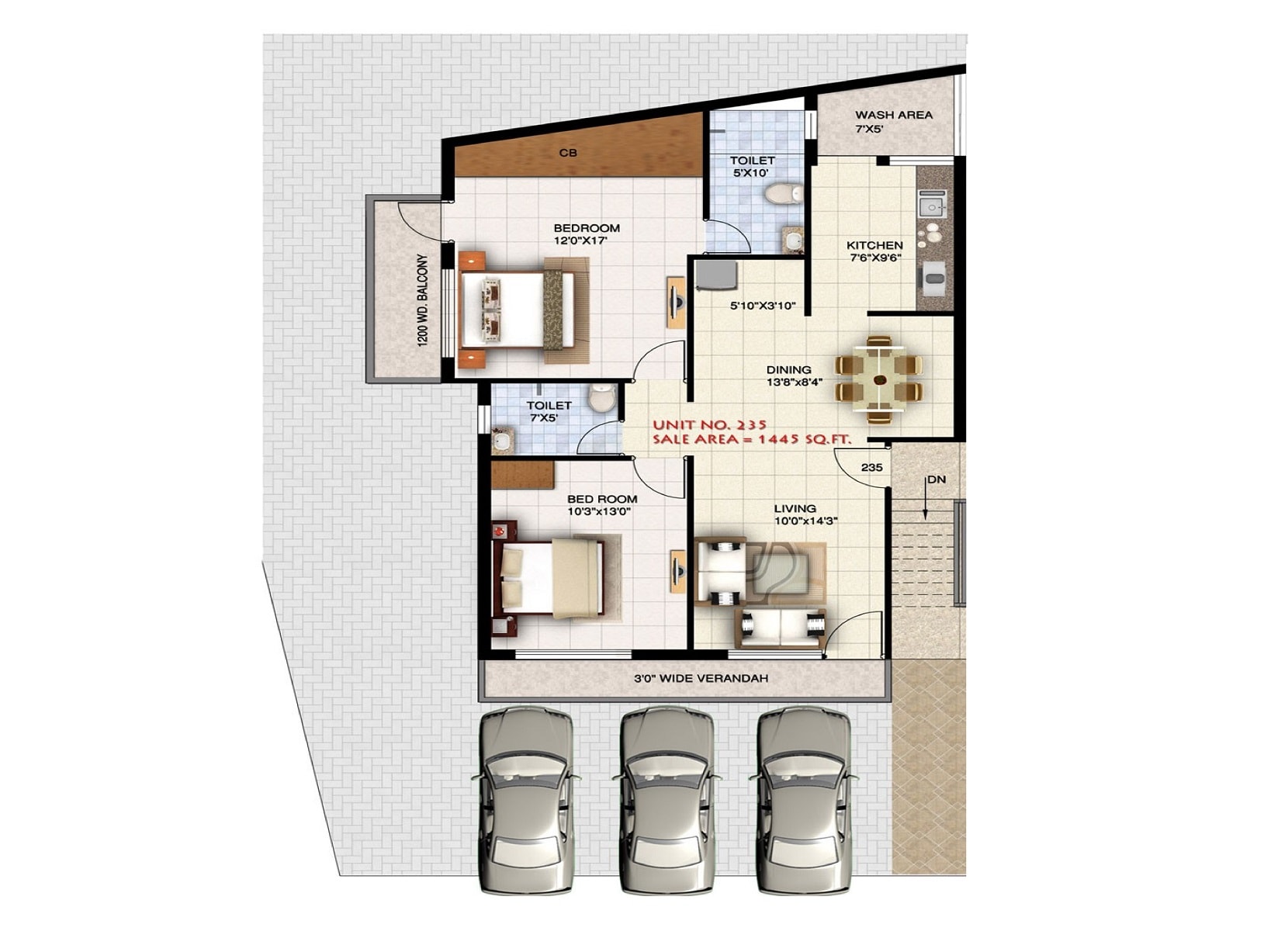 Floor plan of 2 BHK Apartment - 1445 sq. ft. in Ansal Town, Indore