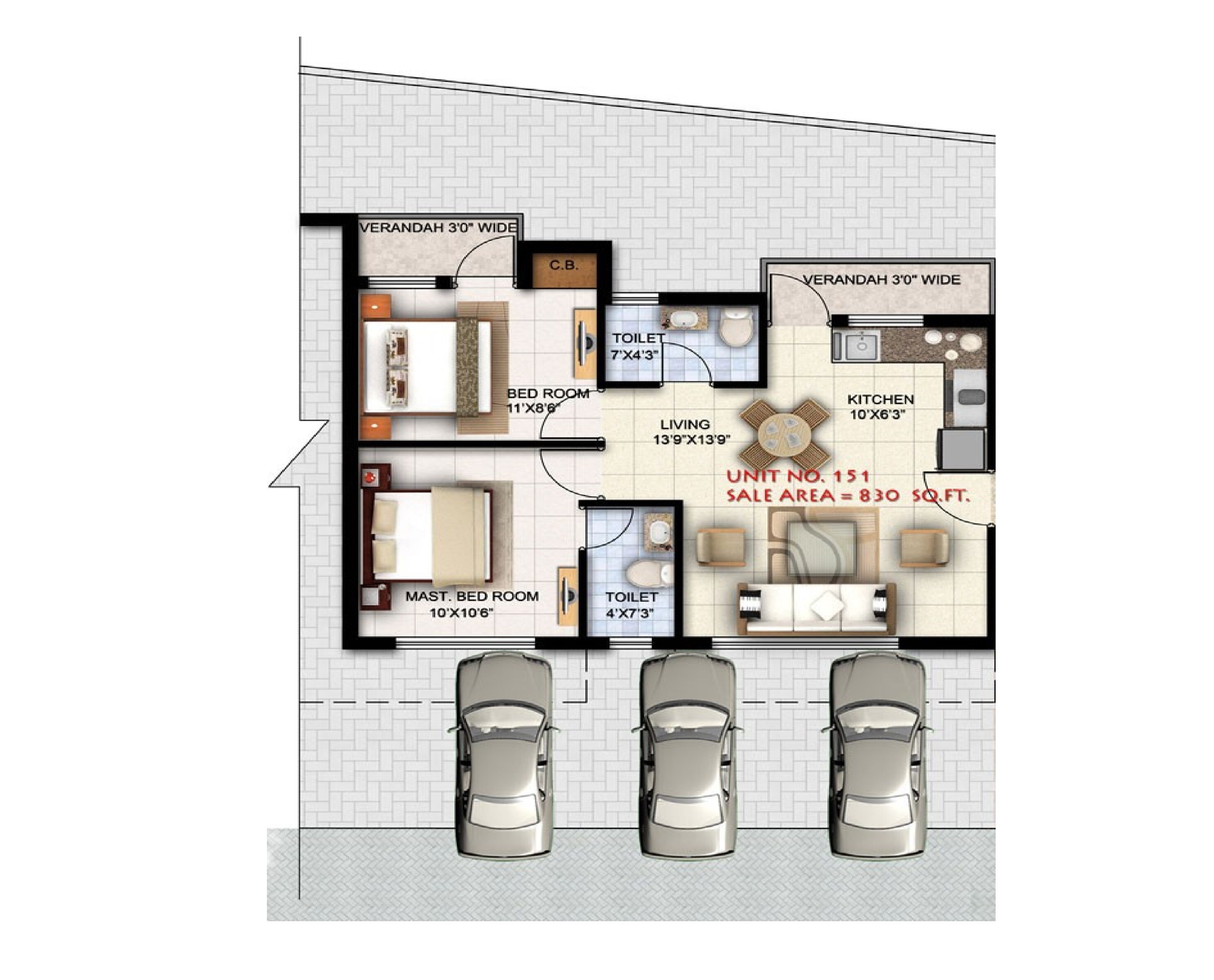 2 BHK 830 Sq. Ft. Apartment