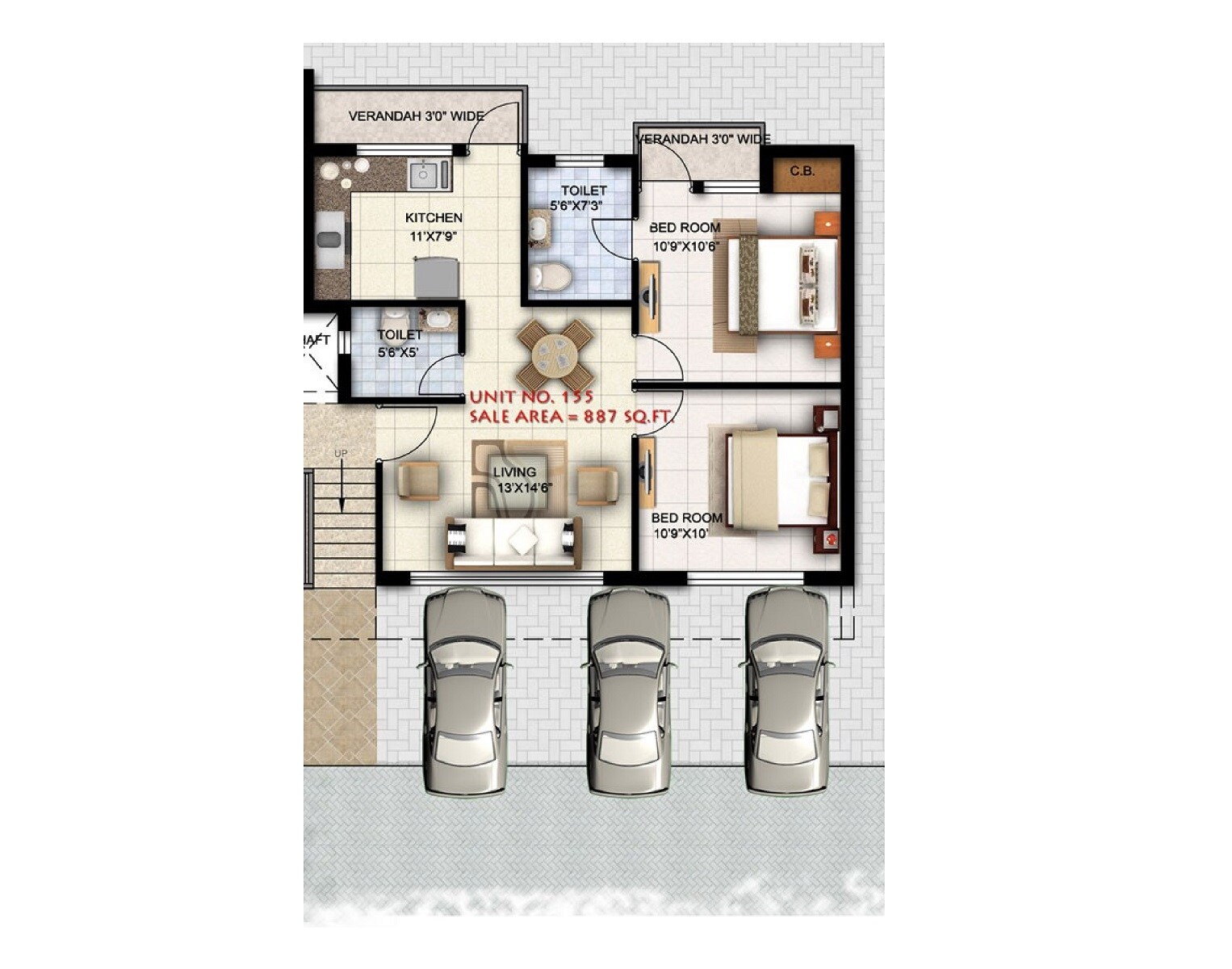 Floor plan of 2 BHK Apartment - 887 sq. ft. in Ansal Town, Indore
