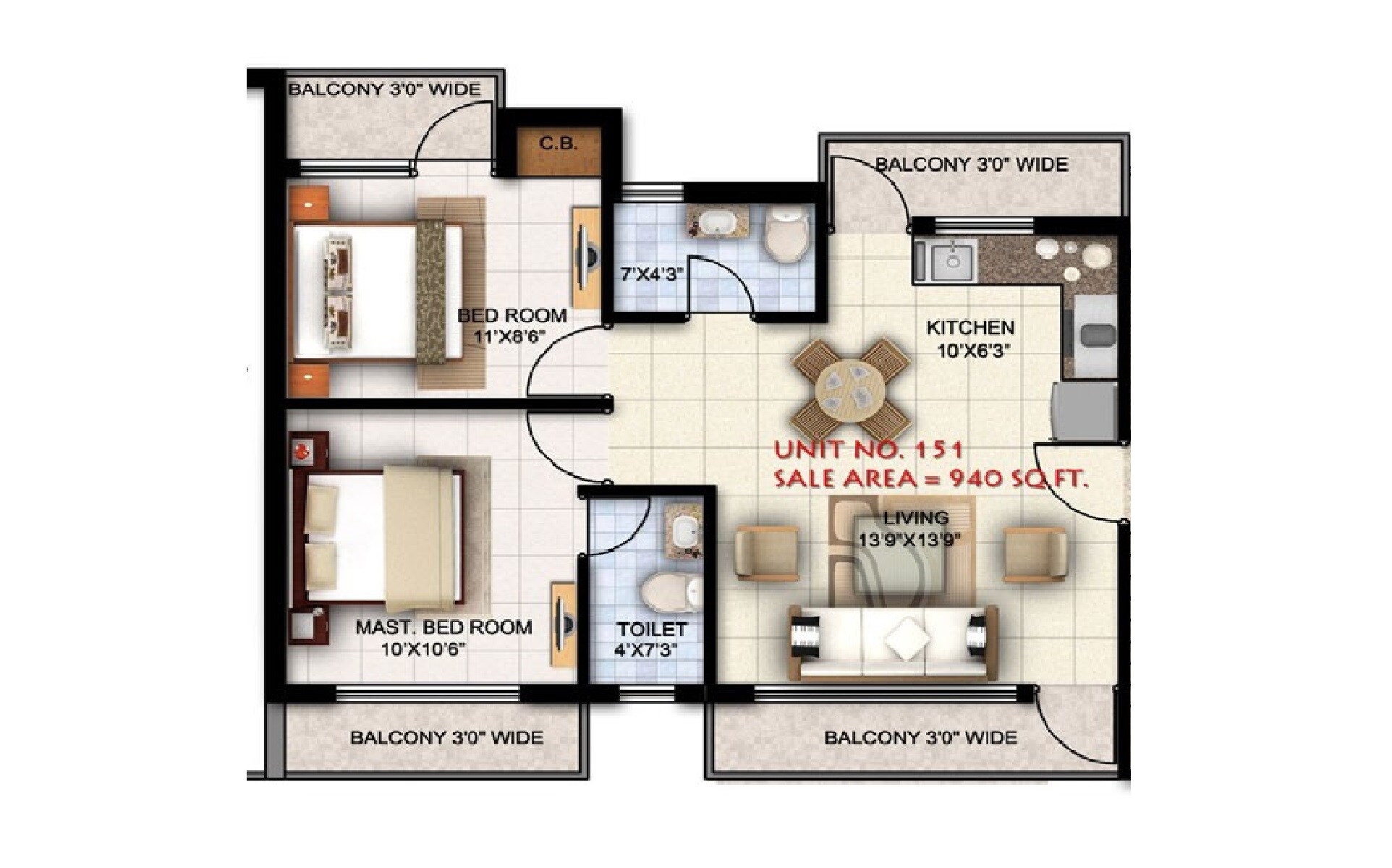 Floor plan of 2 BHK Apartment - 940 sq. ft. in Ansal Town, Indore