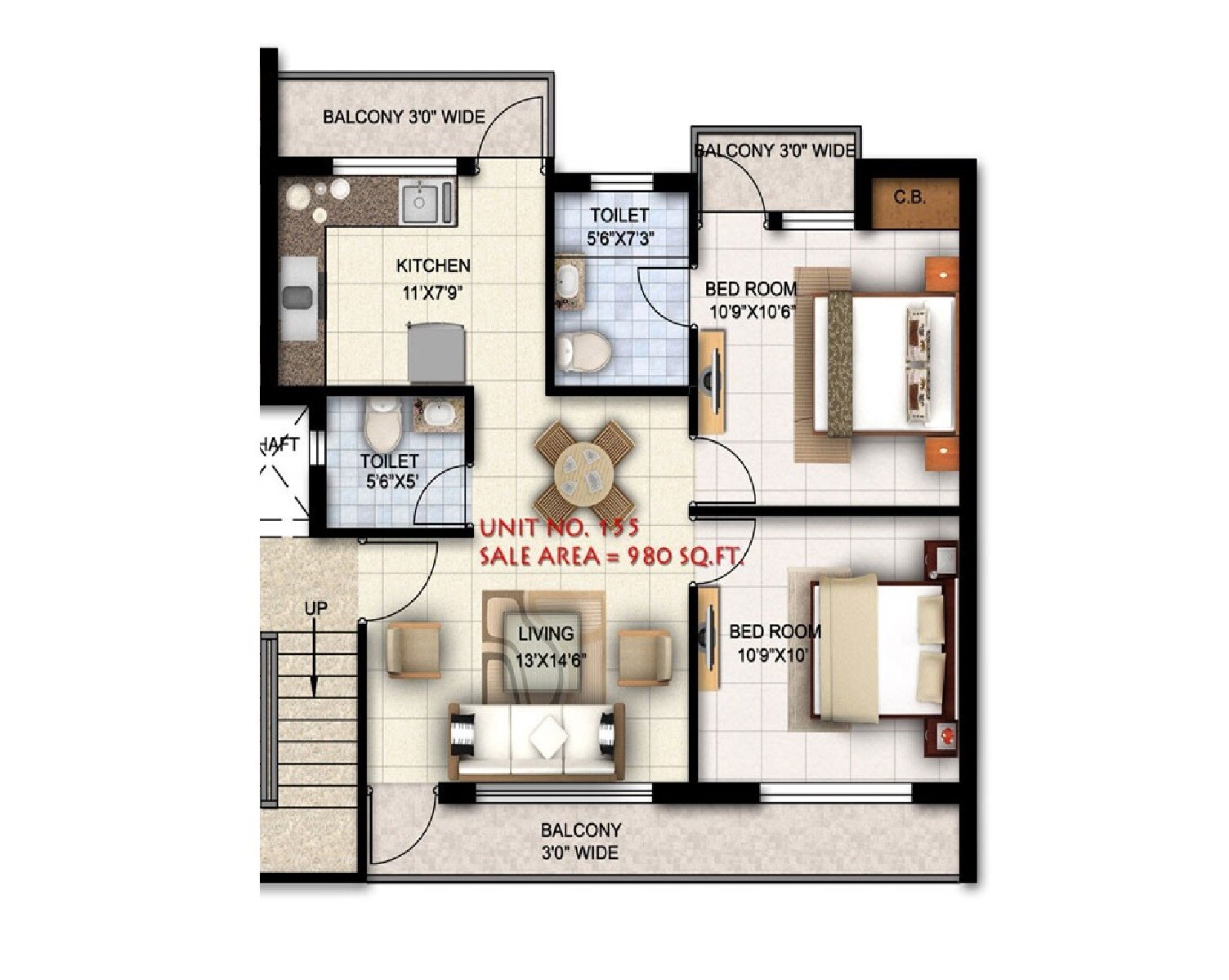 Floor plan of 2 BHK Apartment - 980 sq. ft. in Ansal Town, Indore