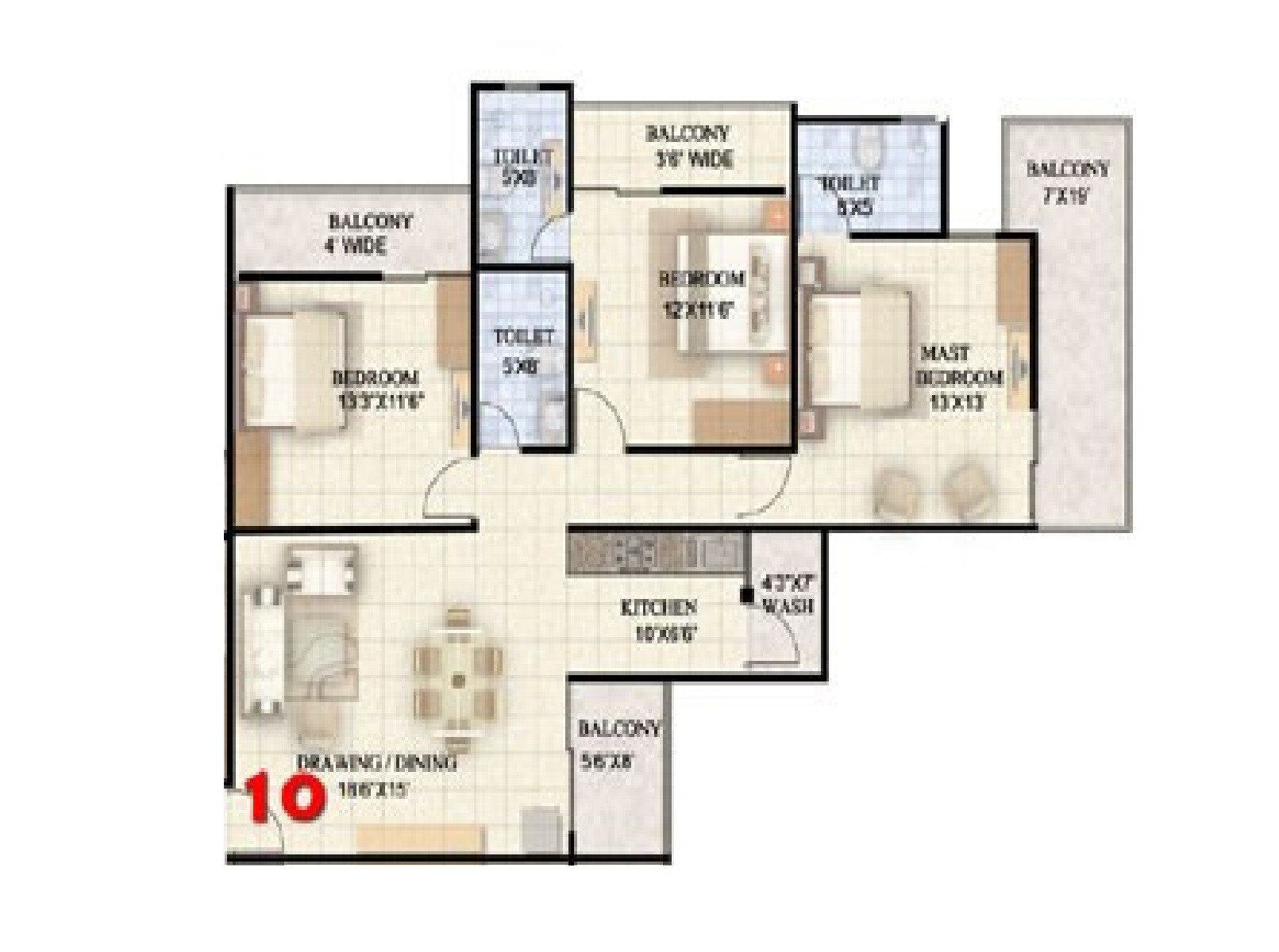 Floor plan of 3 BHK Apartment - 1739 sq. ft. in Ansal Town, Indore