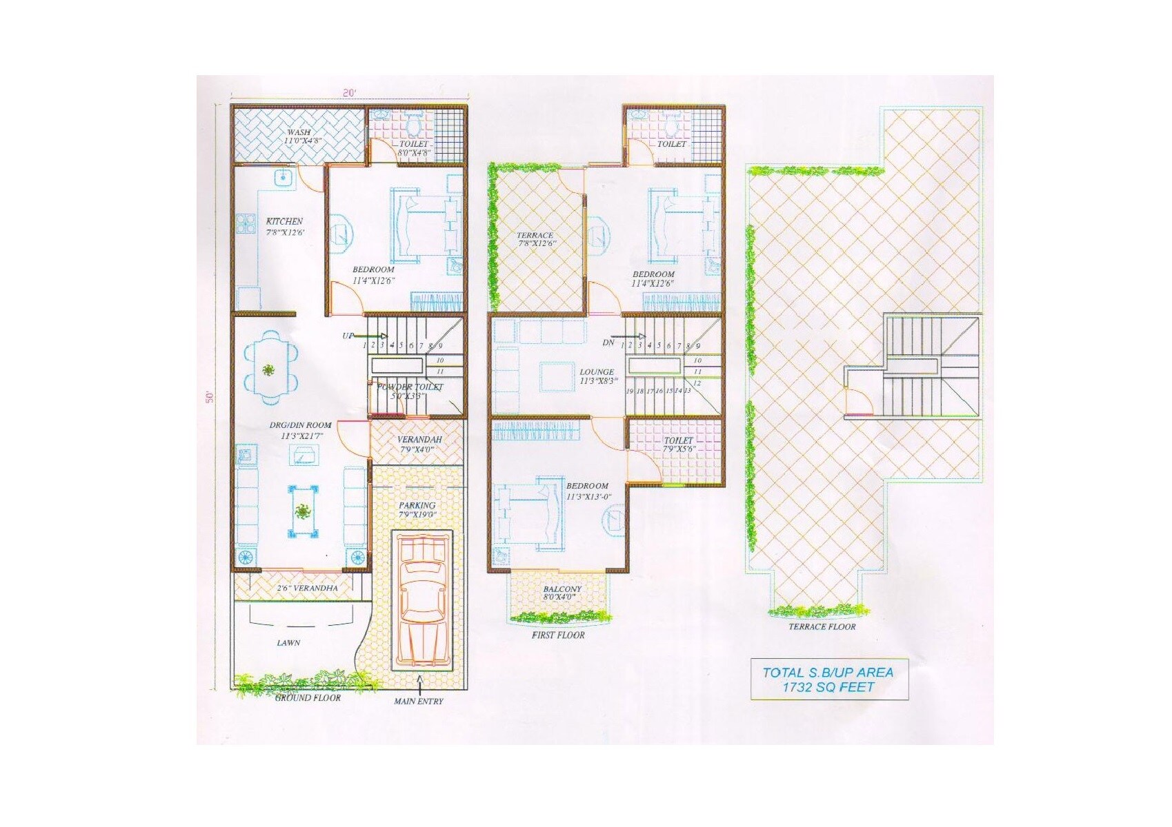 Floor plan of 3 BHK Row House - 1732 sq. ft. in Ansal Town, Indore