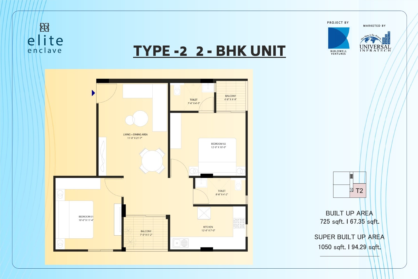 Floor plan of 2 BHK 1050 Sq. Ft. Apartment in Buildwell Elite Enclave, Indore