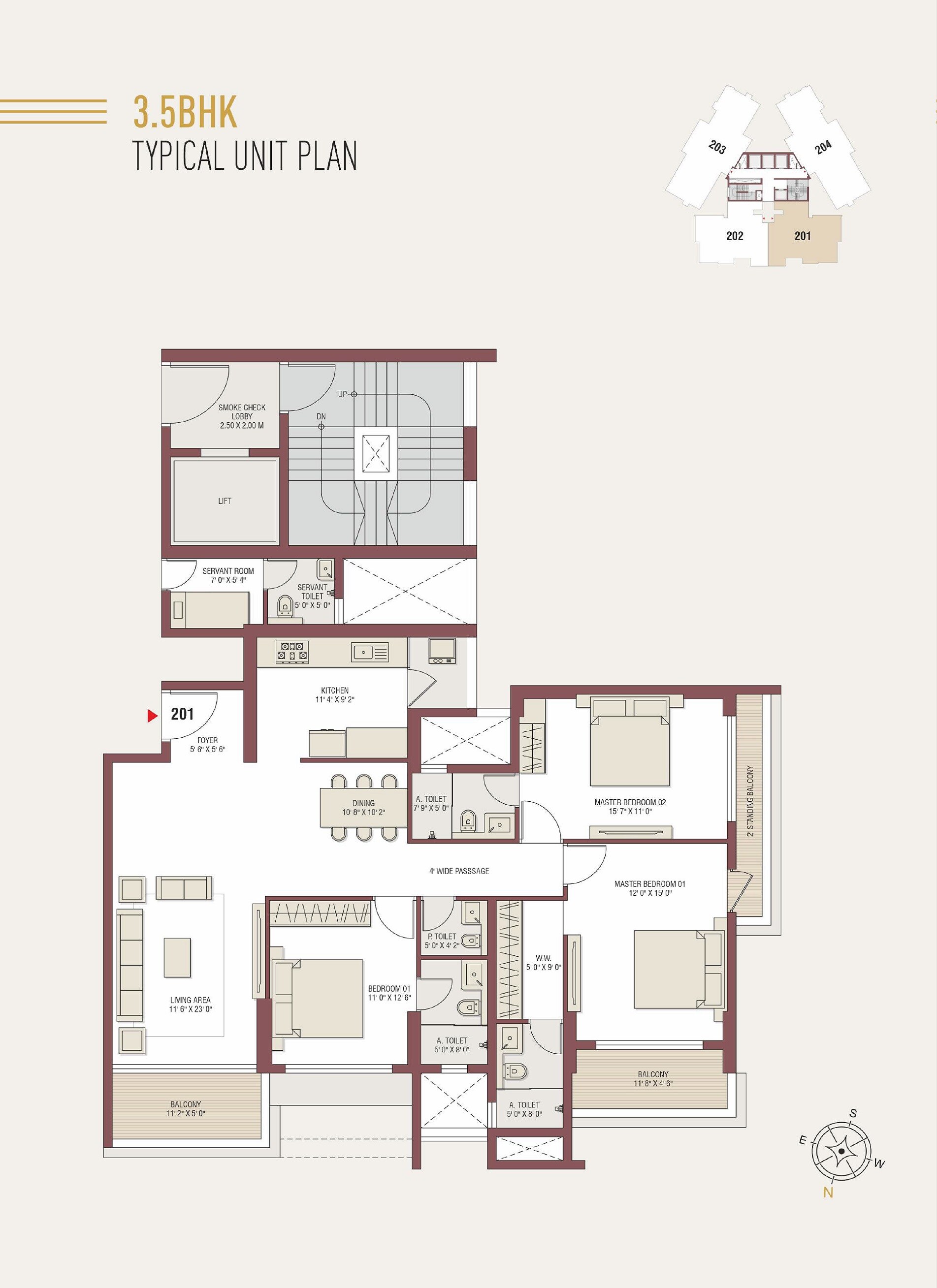 Floor plan of 3 BHK 2456 Sq. Ft. Apartment in Emerald Horizon Tower, Indore