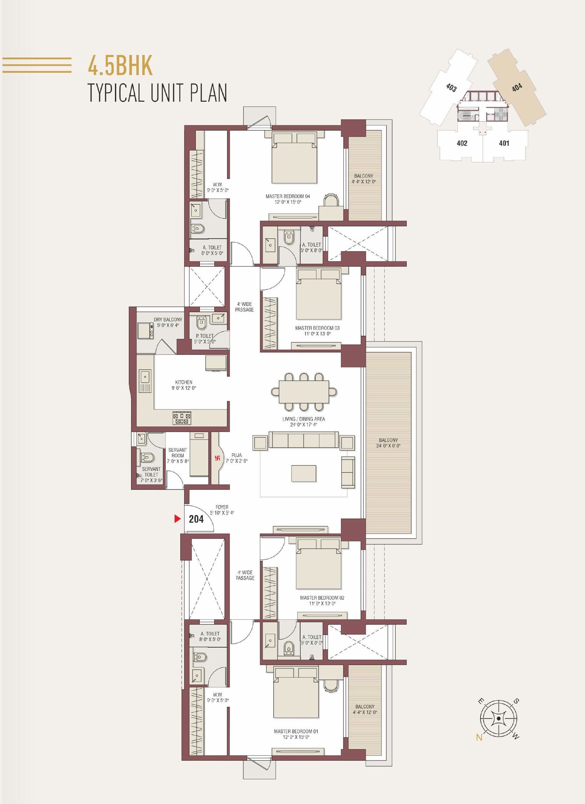 Floor plan of 4 BHK 3555 Sq. Ft. Apartment in Emerald Horizon Tower, Indore
